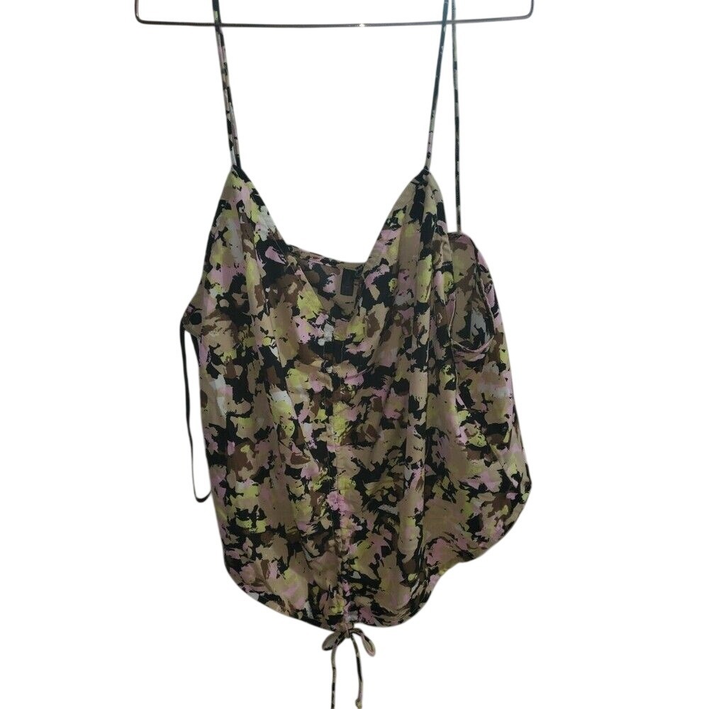 Floral Camo Print Spaghetti Strap Cami Top Drawstring Hem Summer Blouse‎ XL